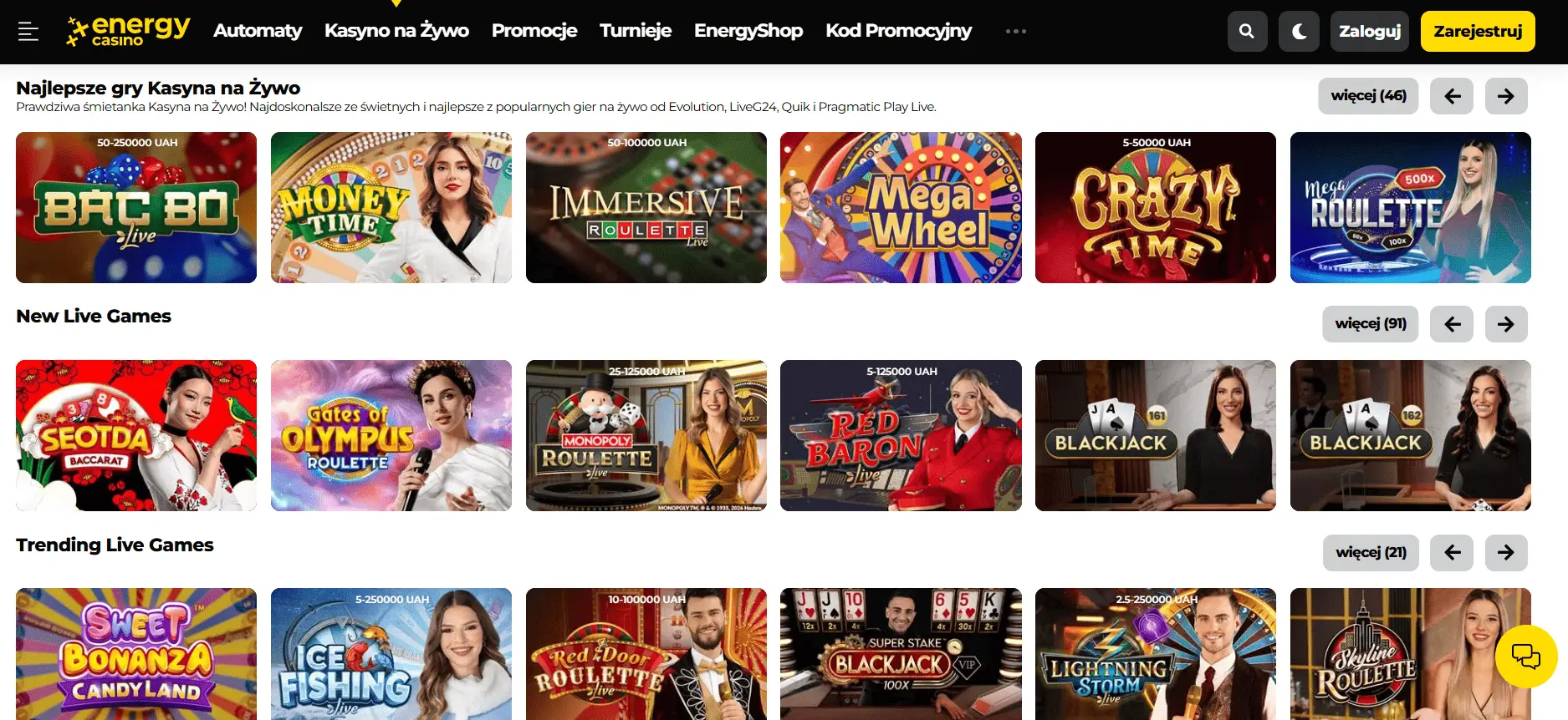 Sekcja live casino Energy Casino z krupierem na żywo